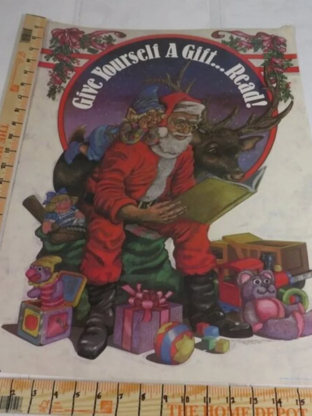Vintage 1986 Christmas Poster Give Yourself A Gift READ Black Santa Laminated